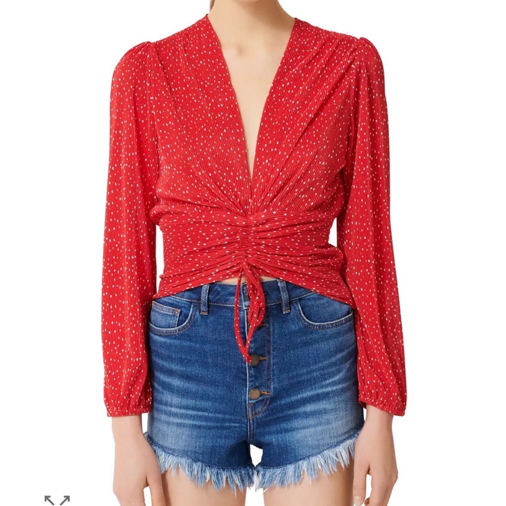New Maje Red rouge Ruched cropped polka dot Blouse size 1 small top women’s - Picture 2 of 14